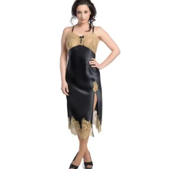 Alle Negligés|Seidenneglige^Gattina Seide Negligé lang SERENATA mit Spitze schwarz gold von mauve oder schwarz mit goldener Spitze