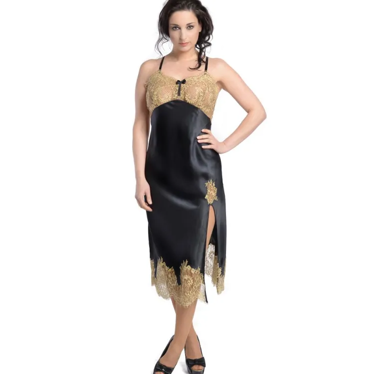 Alle Negligés|Seidenneglige^Gattina Seide Negligé lang SERENATA mit Spitze schwarz gold von mauve oder schwarz mit goldener Spitze