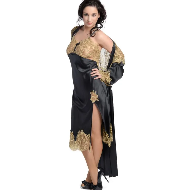 Alle Negligés|Seidenneglige^Gattina Seide Negligé lang SERENATA mit Spitze schwarz gold von mauve oder schwarz mit goldener Spitze