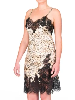 Alle Negligés|Seidenneglige^Gattina Seide Negligé ST. ELM mit Spitze leopard oder schwarz mit schwarzer Spitze
