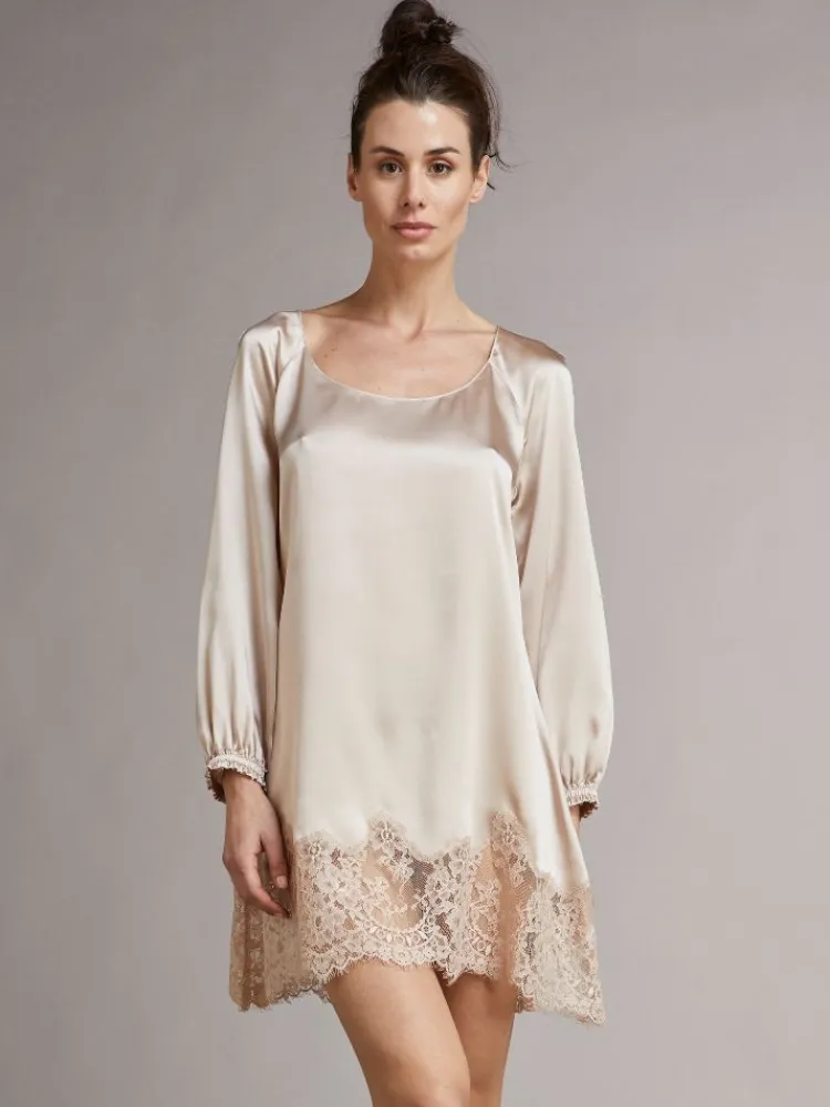 Kaftan, Tunika & Pareo|Seide Sleepshirt^Vivis Seide Sleepshirt BERLINO puder mit Spitze von puder-farben mit Spitze