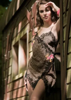 Seidenneglige|Seidennachthemd^Marjolaine Seidennachthemd ERIS Crepe Georgette von brauner Leopard-Druck mit schwarzer Spitze