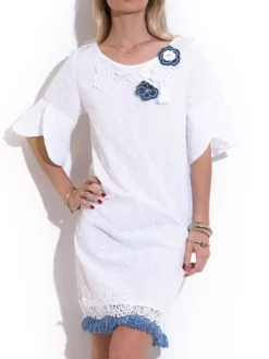 Strandkleider & Sommerkleider|Kaftan, Tunika & Pareo^Chiara Fiorini Sommerkleid mit Lochstickerei FIORI von weiß mit blau und bestickt