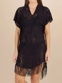 Strandkleider & Sommerkleider|Kaftan, Tunika & Pareo^Pain de Sucre Spitze Strandtunika JESSE 20 von weiß mit Fransensaum