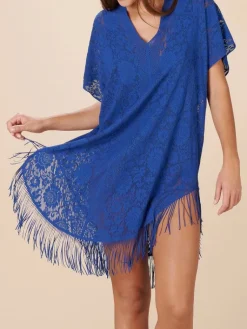 Strandkleider & Sommerkleider|Kaftan, Tunika & Pareo^Pain de Sucre Spitze Strandtunika JESSE 20 von weiß mit Fransensaum