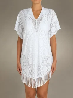 Strandkleider & Sommerkleider|Kaftan, Tunika & Pareo^Pain de Sucre Spitze Strandtunika JESSE 20 von weiß mit Fransensaum