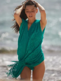 Strandkleider & Sommerkleider|Kaftan, Tunika & Pareo^Pain de Sucre Spitze Strandtunika JESSE 20 einfarbig von weiß mit Fransensaum