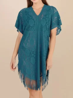 Strandkleider & Sommerkleider|Kaftan, Tunika & Pareo^Pain de Sucre Spitze Strandtunika JESSE 20 einfarbig von weiß mit Fransensaum