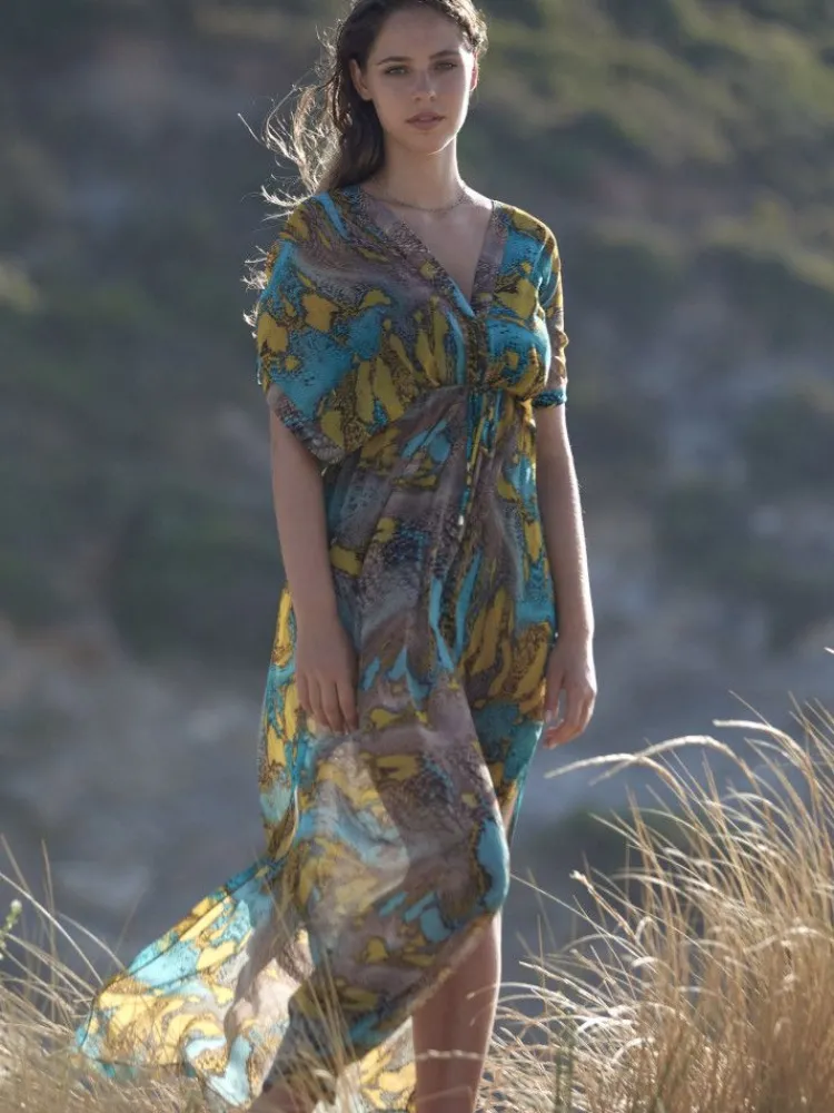 Strandkleider & Sommerkleider|Kaftan, Tunika & Pareo^Pain de Sucre Strandkleid LYRA 31 Python Print von Python Print in türkis mit senfgelb