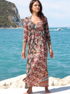 Strandkleider & Sommerkleider|Kleider^Laetitia Beachwear Strandkleid mit Seide BERENICE VERDE schwarz-bunt von schwarz grün bunt mit Häkel Applikationen