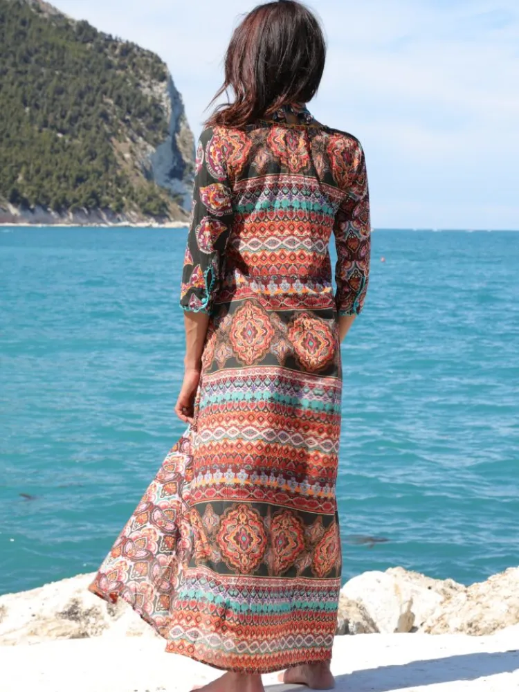 Strandkleider & Sommerkleider|Kleider^Laetitia Beachwear Strandkleid mit Seide BERENICE VERDE schwarz-bunt von schwarz grün bunt mit Häkel Applikationen