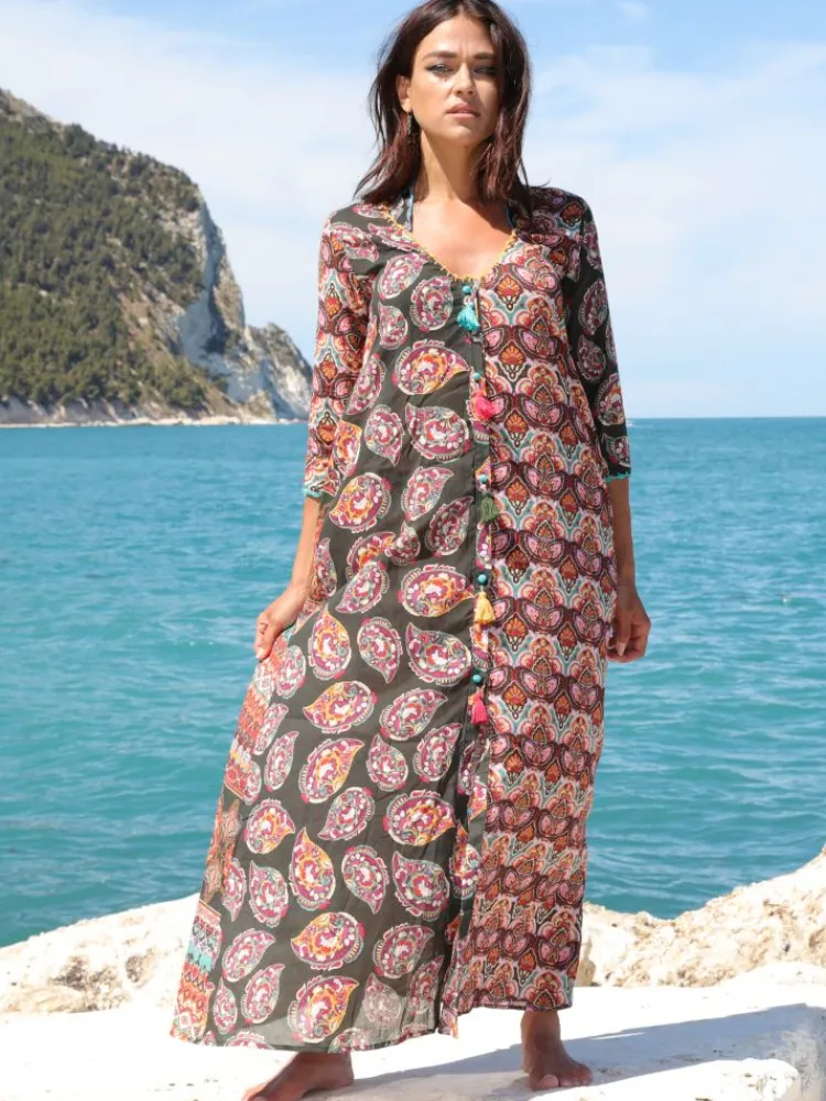 Strandkleider & Sommerkleider|Kleider^Laetitia Beachwear Strandkleid mit Seide BERENICE VERDE schwarz-bunt von schwarz grün bunt mit Häkel Applikationen