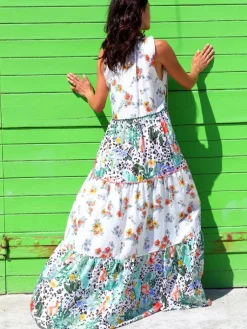 Strandkleider & Sommerkleider|Kleider^Laetitia Beachwear Strandkleid mit Seide FANTASIA BIANCO weiß grün von weiß grün mit Häkel Applikationen