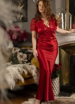 Seidenneglige|Seidennachthemd^Marjolaine Stretchseide Nachtkleid lang NINA mit Spitze