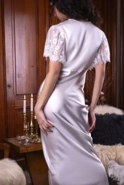 Seidenneglige|Seidennachthemd^Marjolaine Stretchseide Nachtkleid lang NINA mit Spitze