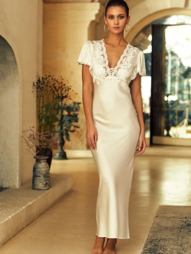 Seidenneglige|Seidennachthemd^Marjolaine Stretchseide Nachtkleid lang REINE No. 3 mit Spitze von naturweiss oder petrolgrün mit schwarz