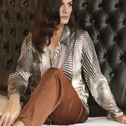 Lounge-Wear|Bluse & Tunika^Gattina Stretchseide Oberteil BOA schwarz-weiß von schwarz-weiß mit kastanienbraun