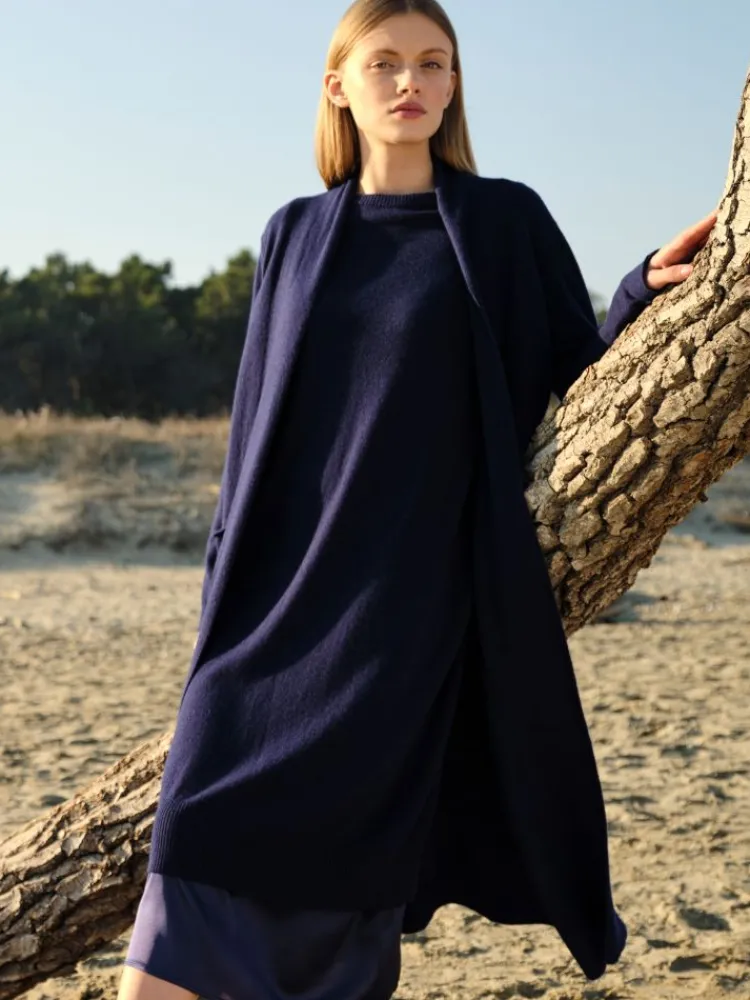 Lounge-Wear|Strickjacken & -Mäntel^Chiara Fiorini Strick-Hausmantel halblang von mit Wolle und Kaschmir camel-beige und nachtblau