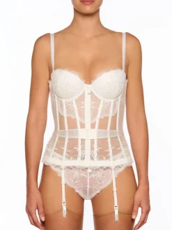 Alle Corsagen^Millesia Tüllspitze Torselett CRAVACHE perlmutt von mit Seide perlmutt weiß