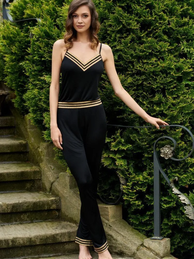 Freizeit- & Reisekleidung|Spaghettiträger Tops^Gattina Top mit Seide TESSA schwarz-gold von schwarz mit gold