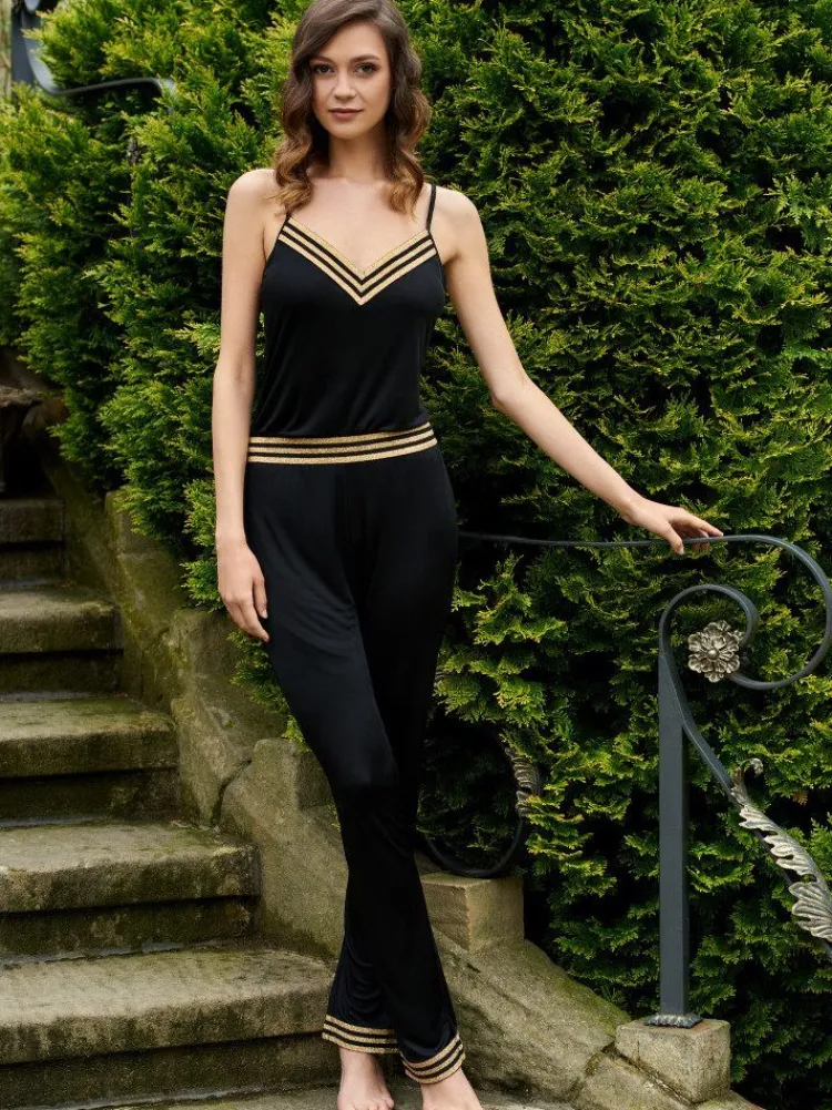 Freizeit- & Reisekleidung|Spaghettiträger Tops^Gattina Top mit Seide TESSA schwarz-gold von schwarz mit gold