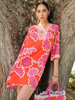 Strandkleider & Sommerkleider|Kaftan, Tunika & Pareo^Chiara Fiorini Tunika Aurora Viscose rot-rosa von rosa-weisser Blumenprint auf rotem Grund