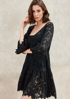 Strandkleider & Sommerkleider|Kaftan, Tunika & Pareo^Ritratti Tunika BARBADOS in schwarz aus Spitze von Mare schwarze florale Spitze