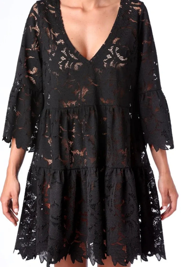 Strandkleider & Sommerkleider|Kaftan, Tunika & Pareo^Ritratti Tunika BARBADOS in schwarz aus Spitze von Mare schwarze florale Spitze