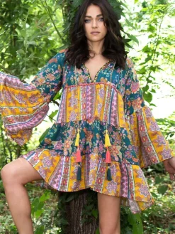 Strandkleider & Sommerkleider|Kaftan, Tunika & Pareo^Laetitia Beachwear Tunikakleid mit Seide CATERINA grün-bunt von grün-bunt mit Häkel Applikationen