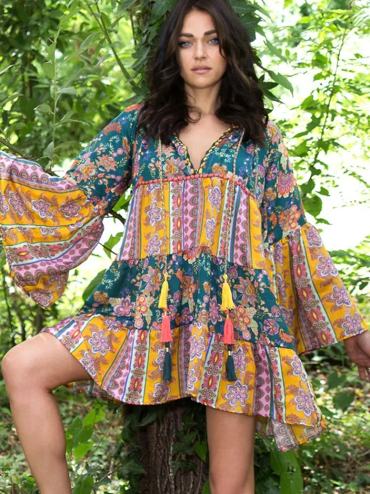 Strandkleider & Sommerkleider|Kaftan, Tunika & Pareo^Laetitia Beachwear Tunikakleid mit Seide CATERINA grün-bunt von grün-bunt mit Häkel Applikationen