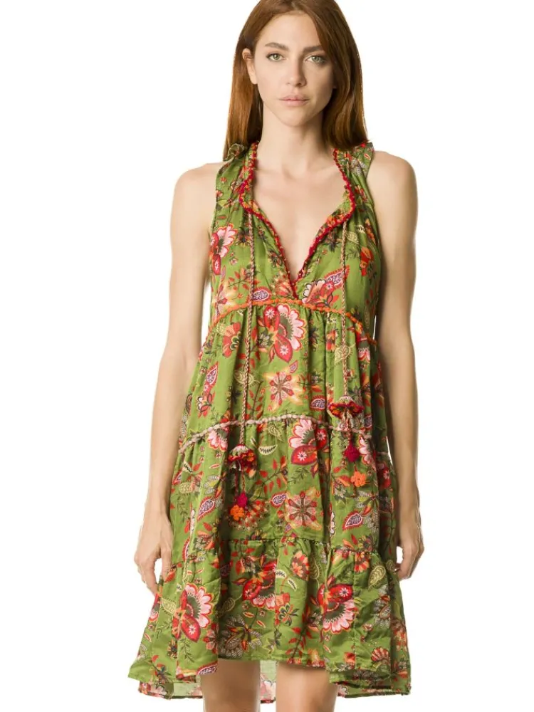 Strandkleider & Sommerkleider|Kaftan, Tunika & Pareo^Laetitia Beachwear Tunikakleid mit Seide DAFNE olivgrün von olivgrün mit Häkel Applikationen