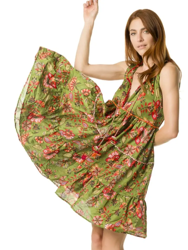 Strandkleider & Sommerkleider|Kaftan, Tunika & Pareo^Laetitia Beachwear Tunikakleid mit Seide DAFNE olivgrün von olivgrün mit Häkel Applikationen