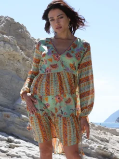 Strandkleider & Sommerkleider|Kaftan, Tunika & Pareo^Laetitia Beachwear Tunikakleid mit Seide GINEVRA MENTA grün-orange von grün-orange mit Häkel Applikationen