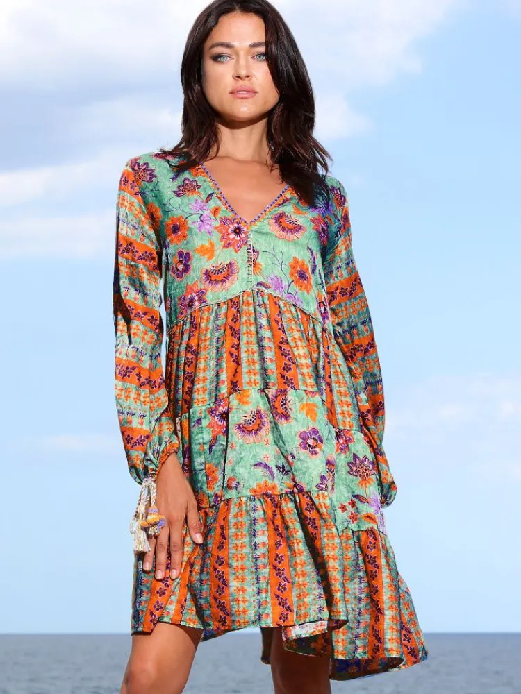 Strandkleider & Sommerkleider|Kaftan, Tunika & Pareo^Laetitia Beachwear Tunikakleid mit Seide GINEVRA MENTA grün-orange von grün-orange mit Häkel Applikationen