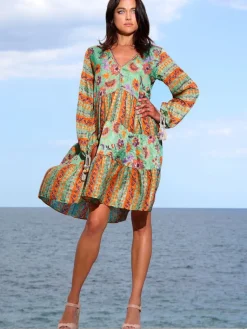 Strandkleider & Sommerkleider|Kaftan, Tunika & Pareo^Laetitia Beachwear Tunikakleid mit Seide GINEVRA MENTA grün-orange von grün-orange mit Häkel Applikationen