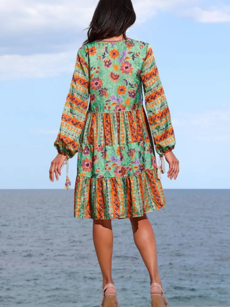 Strandkleider & Sommerkleider|Kaftan, Tunika & Pareo^Laetitia Beachwear Tunikakleid mit Seide GINEVRA MENTA grün-orange von grün-orange mit Häkel Applikationen