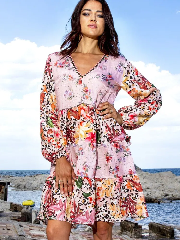 Strandkleider & Sommerkleider|Kaftan, Tunika & Pareo^Laetitia Beachwear Tunikakleid mit Seide GINEVRA ROSA von rosa-apricot mit Häkel Applikationen