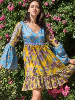 Strandkleider & Sommerkleider|Kaftan, Tunika & Pareo^Laetitia Beachwear Tunikakleid mit Seide PAOLA blau-gelb von blau-gelb mit Häkel Applikationen