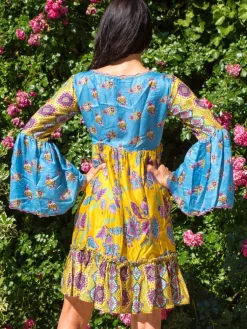 Strandkleider & Sommerkleider|Kaftan, Tunika & Pareo^Laetitia Beachwear Tunikakleid mit Seide PAOLA blau-gelb von blau-gelb mit Häkel Applikationen