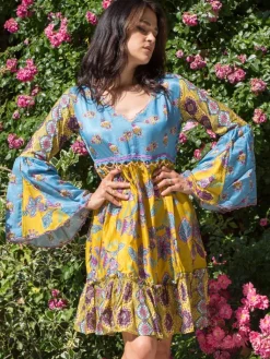 Strandkleider & Sommerkleider|Kaftan, Tunika & Pareo^Laetitia Beachwear Tunikakleid mit Seide PAOLA blau-gelb von blau-gelb mit Häkel Applikationen