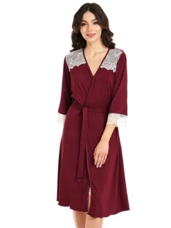 Exquisite Morgenmäntel|Morgenmantel Kurz^Gattina Viscose Morgenmantel HEDDA weich mit Spitze von creme-weiß oder bordeaux-rot