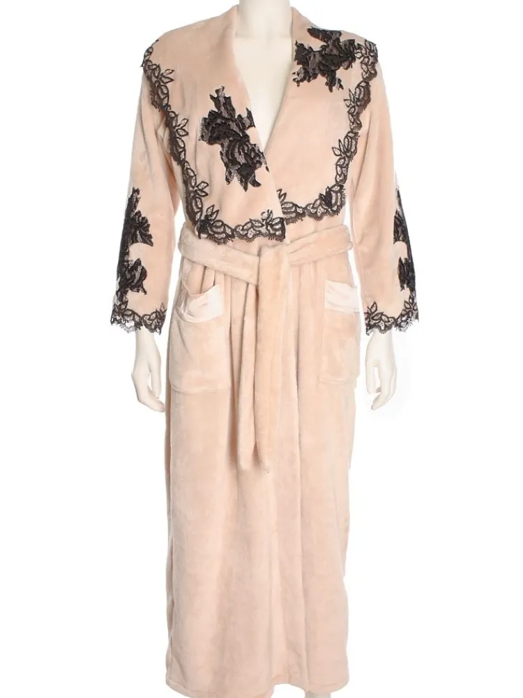Bademantel|Lounge-Wear^Marjolaine Warmer Hausmantel FREDA lang mit Spitze