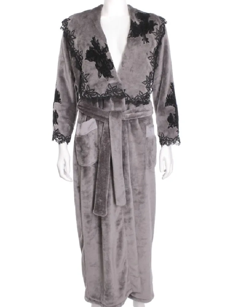 Bademantel|Lounge-Wear^Marjolaine Warmer Hausmantel FREDA lang mit Spitze