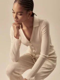 Wolle-Seide Shirts|Strickjacken & -Mäntel^Oscalito Wolle-Seide CARDIGAN mit Polo-Kragen in champagner von naturweiss