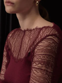 Shirt Mit Spitze|Wolle-Seide Shirts^Oscalito Wolle-Seide LANGARMSHIRT gerippt mit Spitze von weinrot