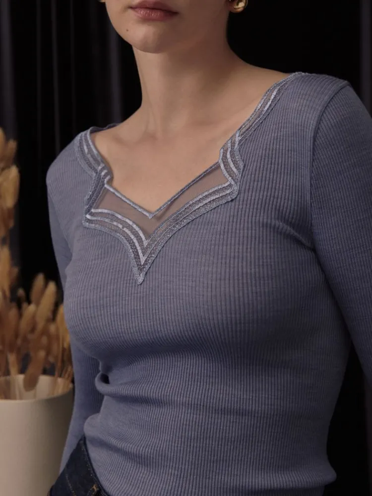 Wolle-Seide Shirts|Langarm^Oscalito Wolle-Seide Langarm-Shirt jeansblau mit Spitze von in jeansblau