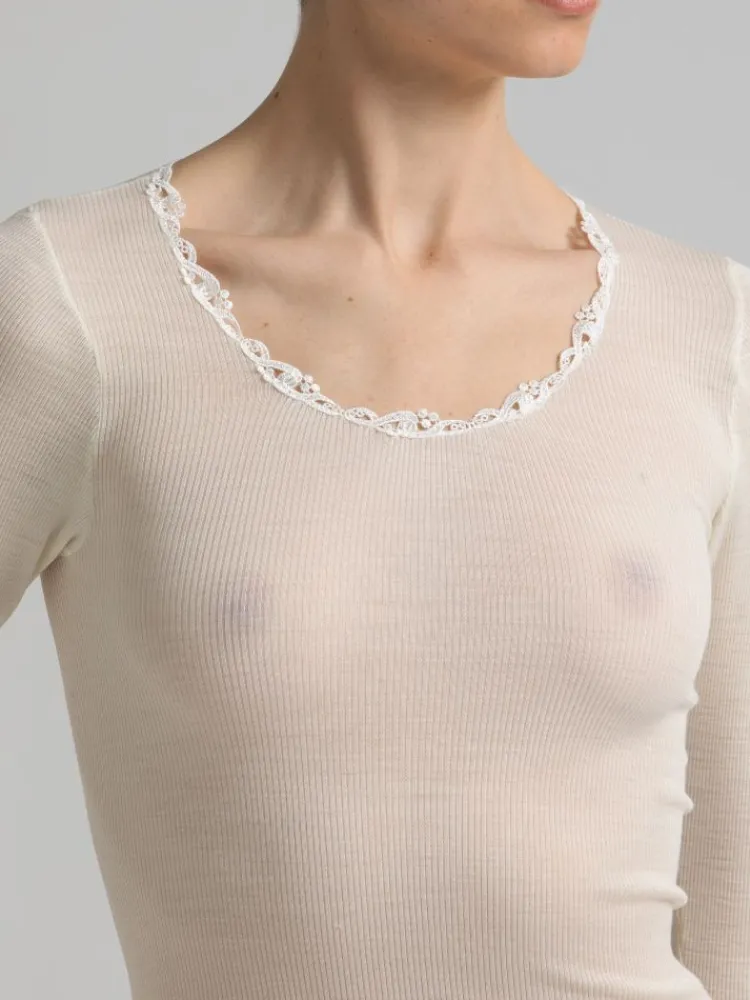 Shirt Mit Spitze|Wolle-Seide Shirts^Boglietti Wolle-Seide Rippjersey Shirt BASILIA von in wollweiß oder schwarz