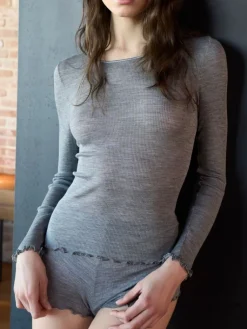 Wolle-Seide Shirts|Langarm^Boglietti Wolle-Seide Rippjersey Shirt ROMILDA von in grau meliert