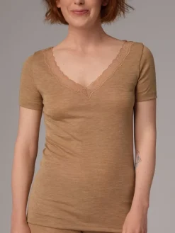 Wolle-Seide Tops|Tops Mit Spitze^comazo | earth Wolle-Seide T-SHIRT 2703 mit Spitze comazo|earth camel beige oder dunkelblau