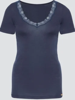 Wolle-Seide Tops|Tops Mit Spitze^comazo | earth Wolle-Seide T-SHIRT 2703 mit Spitze comazo|earth camel beige oder dunkelblau